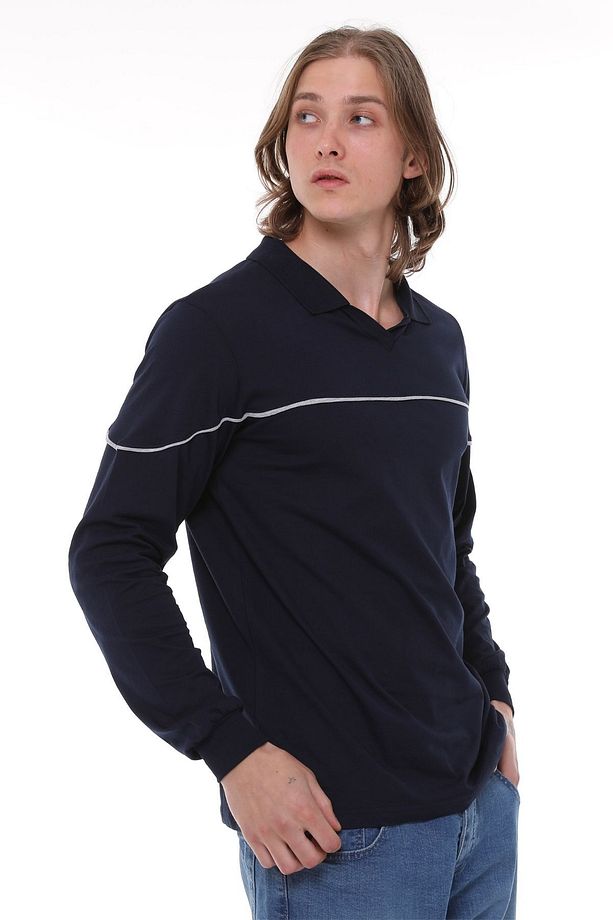 Uzun Kollu T- Shirt Penye Polo Yaka %100 Pamuk Lacivert Erkek - 4