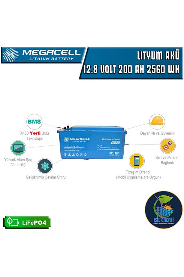 MEGACEL 12.8 VOLT 200 AMPER LİTYUM AKÜ ABS KASA - 12.8 V 200 AH LIFEPO4 2560 WH - 1