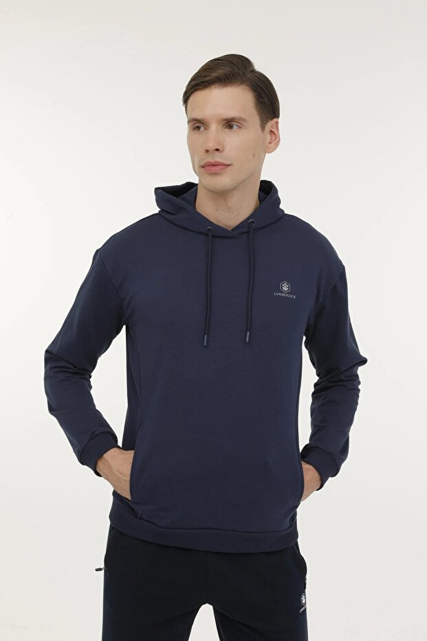 سويت شيرت بغطاء للرأس باللون الأزرق الداكن للرجال BASIC HOODIE 3PR