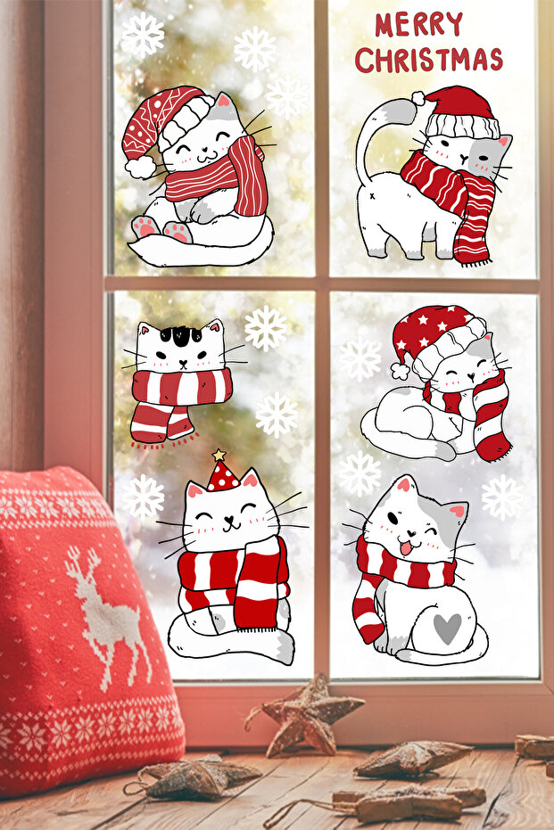 Cute Christmas Cats and Snowflakes New Year Window Wall Sticker Set