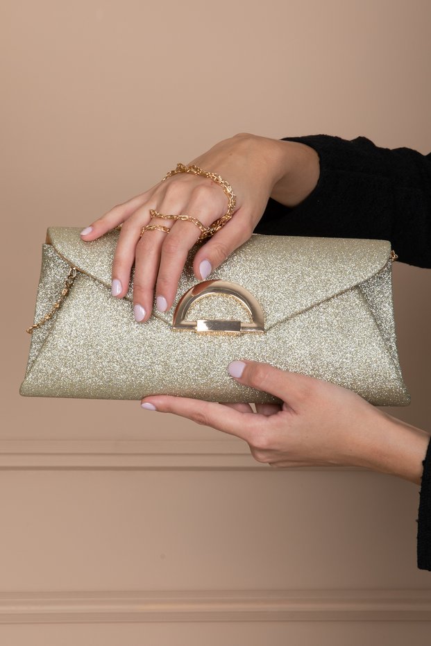 Women's Gold Glitter Evening Dress, Clutch Evening Bag