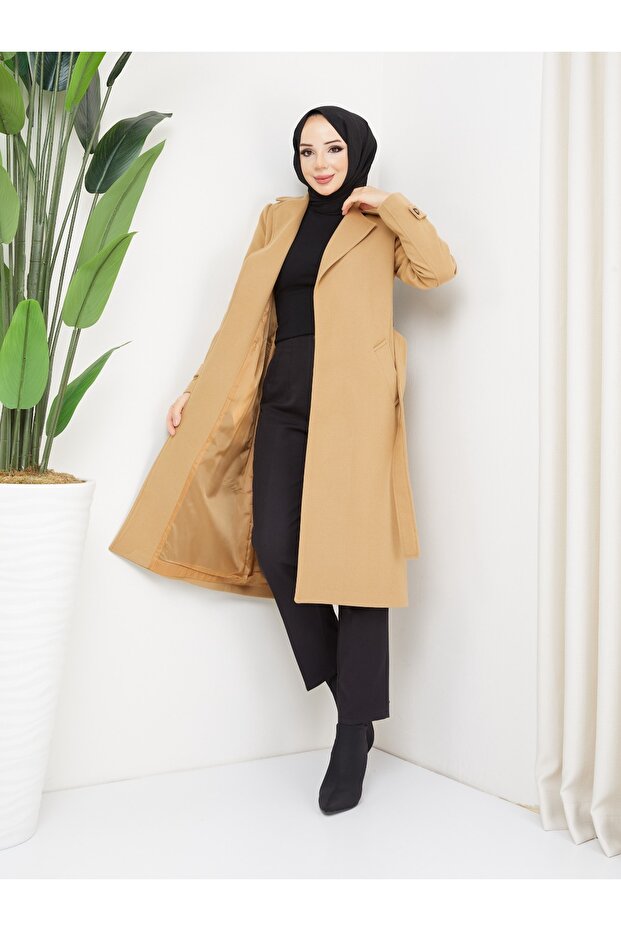 KMKKOMBİN WOMEN'S BUTTONLESS BELTED SLEEVE CUFFED CACHET COAT