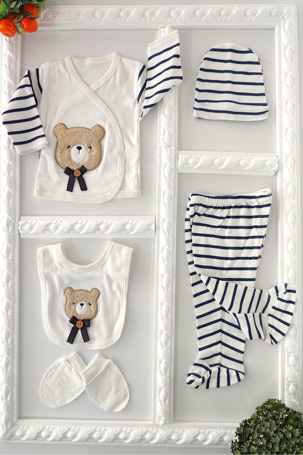 Unisex Striped Teddy Bear 100% Cotton 5-Piece Hospital Discharge Bodysuit Set