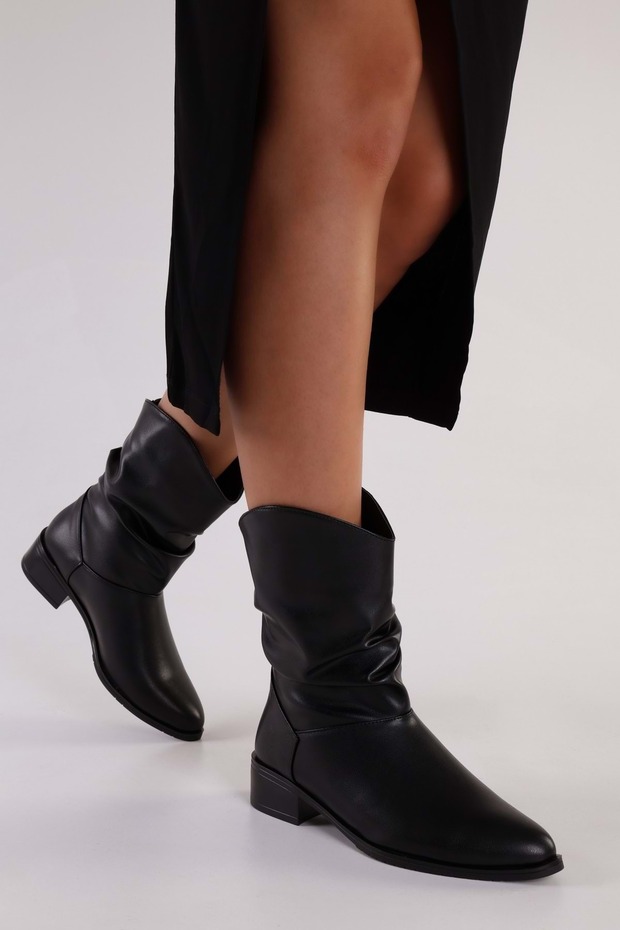 Női Archie fekete bőr fújtató lapos sarkú csizma fekete bőr - 2