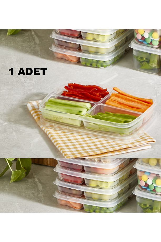 1 Adet 4 Bölmeli Kapaklı Beslenme Kutusu - Piknik Kahvaltı Saklama Kabı - 1