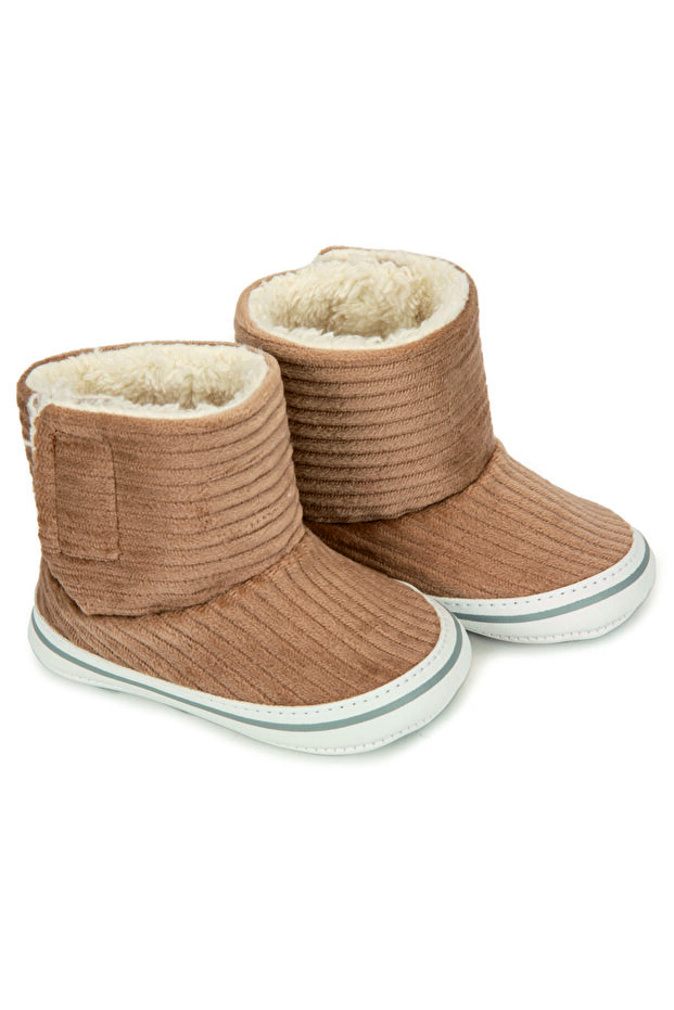 Newborn Ilkadım Home Booties, Anti-Sweat Antibacterial Welsoft Fur Lined Brown Corded Boots
