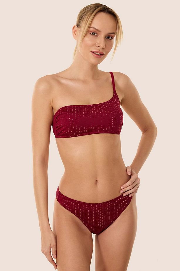 3568 Bordo Simli Tek Omuz Bikini Takımı - 1