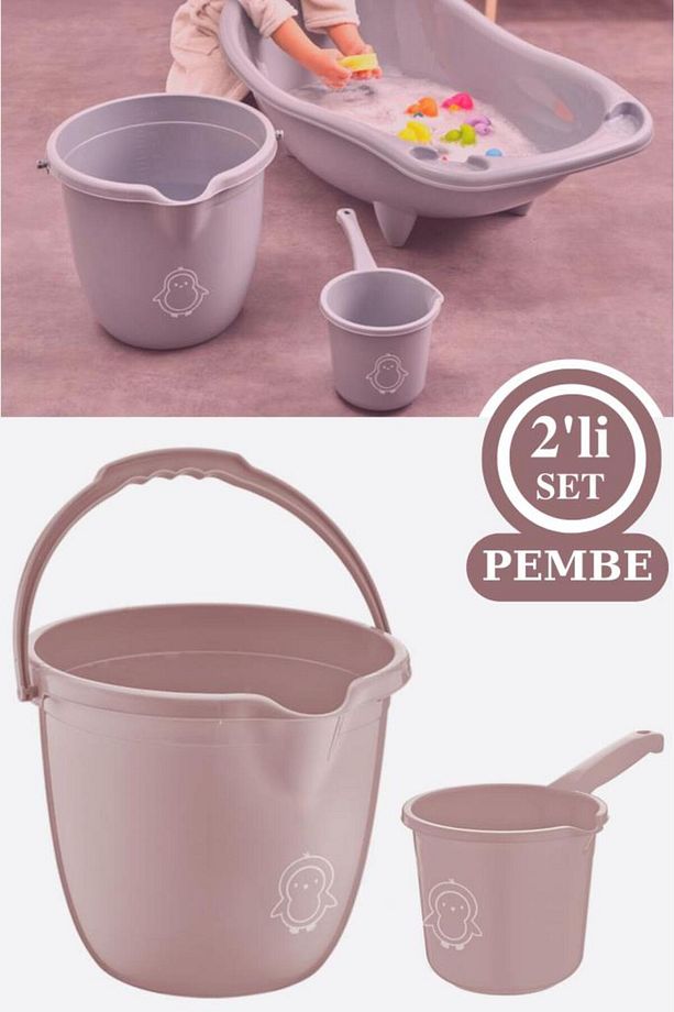 Bebek Banyo Su Kovası ve Maşrapası Seti, Saplı Oluklu Kova 13lt ve Maşrapa 1,5lt 2’li Set - 1