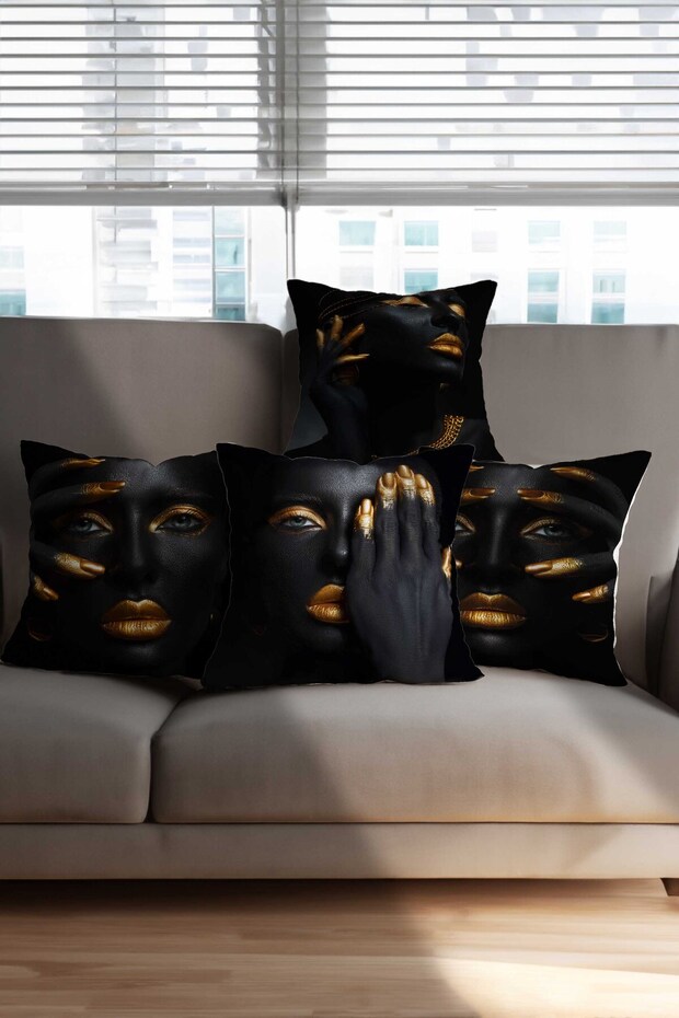 Black Woman Black Girl Patterned Black Gold Digital Printed 4-Piece Throw Pillow Pillow Cases
