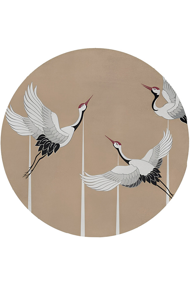 Beige Themed Stork Patterned Modern Woven Base Round Decorative Carpet 1668