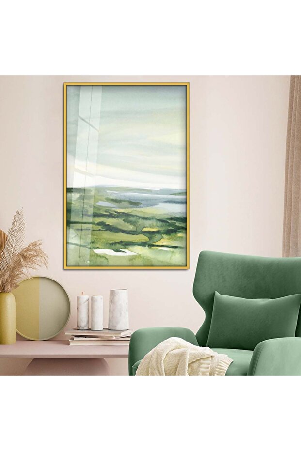 Modern Drawing Abstract Theme Unbreakable Glass Painting with Gold Metal Frame