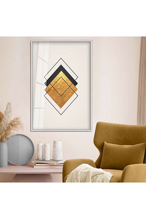 رسم هندسي مع إطار معدني فضي، رسم تجريدي، لوحة زجاجية غير قابلة للكسر