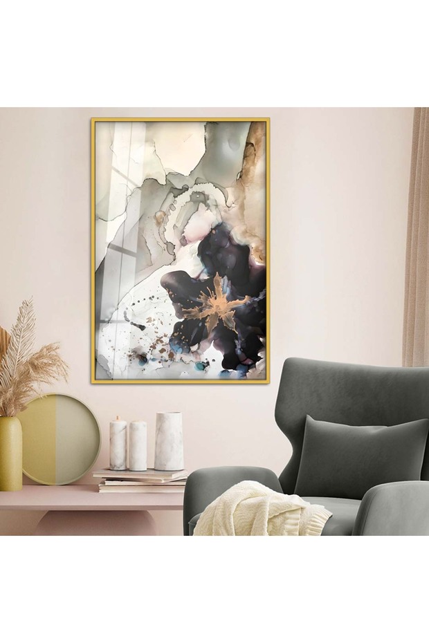 Gold Metal Framed Abstract Theme Modern Drawing Unbreakable Glass Painting