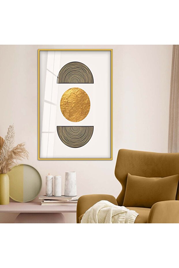 Geometric Drawing Abstract Theme Drawing Unbreakable Glass Painting with Gold Metal Frame