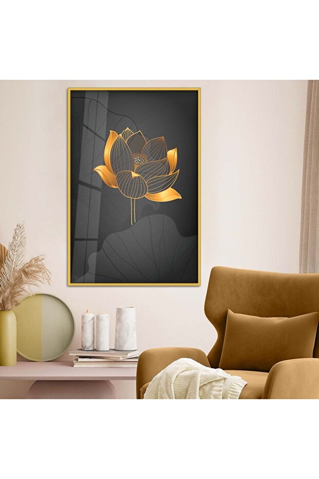 Gold Metal Framed Collage Drawing Flower Pattern Unbreakable Glass Painting