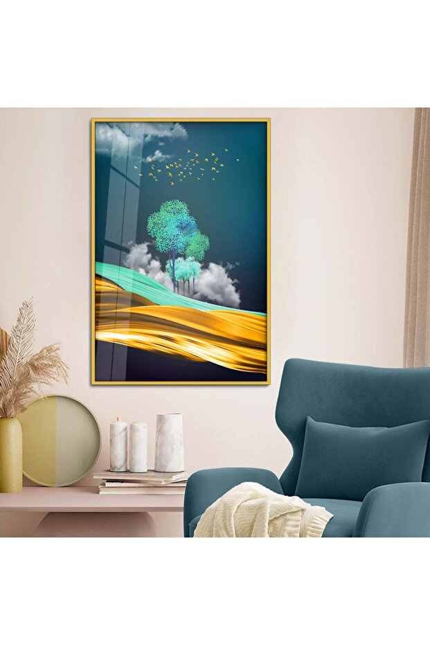 Gold Metal Framed Modern Drawing Nature Theme Unbreakable Glass Painting