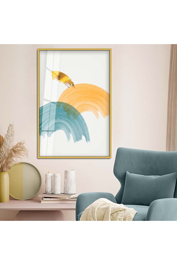 Modern Drawing Abstract Theme Unbreakable Glass Painting with Gold Metal Frame