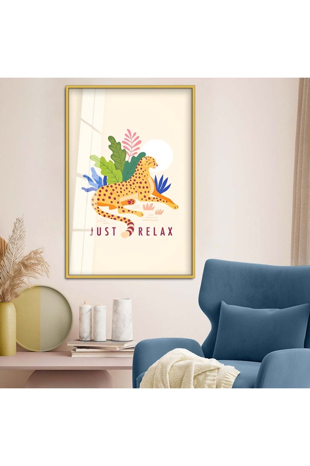 Gold Metal Framed Collage Drawing Cheetah Figure Theme Unbreakable Glass Painting