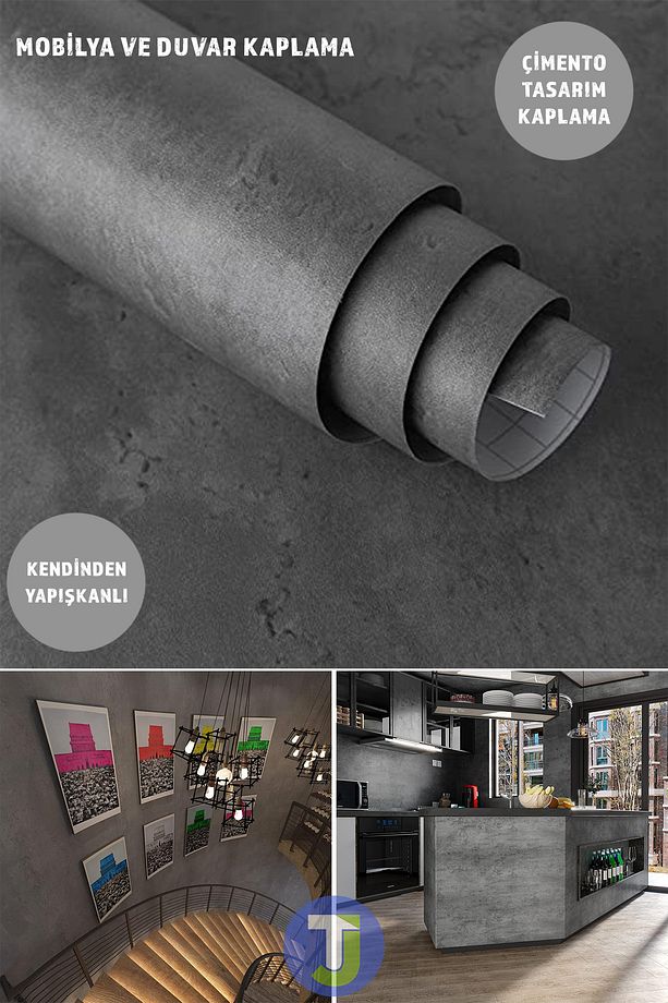 Kendinden yapışkanlı Çimento Görünümlü Mutfak Banyo Duvar Dolap Masa Kaplama 60cmX300cm - 1