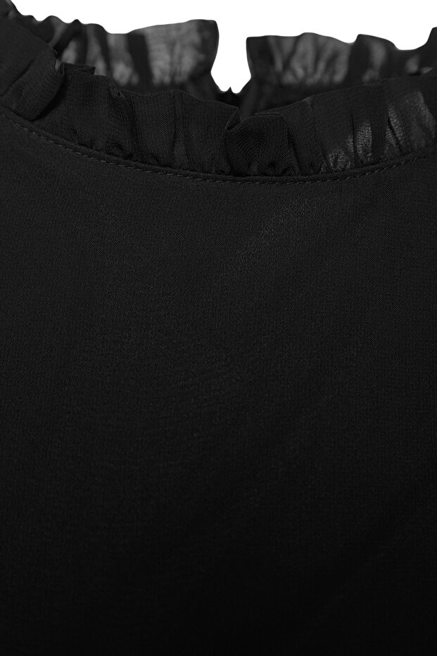 Czarna szyfonowa sukienka mini - linia A, kołnierz stójka, falbana i podszewka, tkana na zimę Twoaw24El00722 - 13