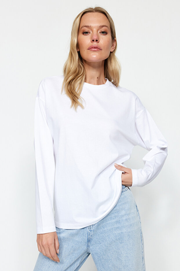Beyaz %100 Kalın Pamuklu Basic Bisiklet Yaka Oversize/Geniş Kalıp Örme T-Shirt TWOAW24TS00013 - 7