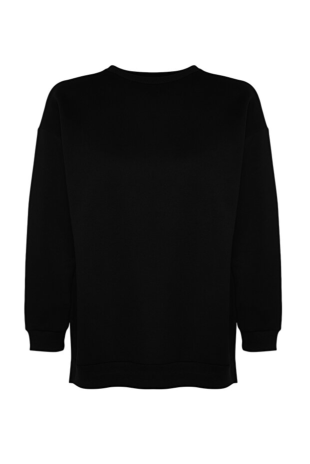 Siyah Kalın İçi Polarlı Yırtmaçlı Oversize/Bol Kesim Örme Büyük Beden Sweatshirt TBBAW24AO00003 - 5