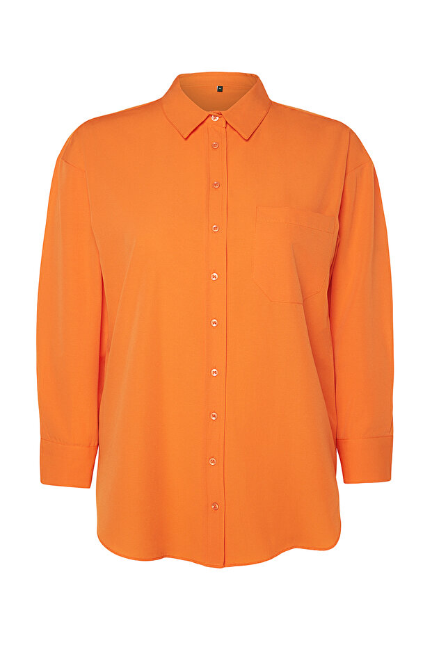 Turuncu Loose Fit Pamuklu Uzun Kol Büyük Beden Dokuma Gömlek TBBSS22GO0323 - 7