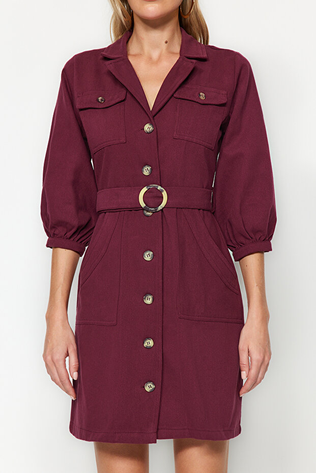 Bordo Kemerli Ceket Mini Düğme Detaylı Dokuma Elbise TWOAW20EL1156 - 5