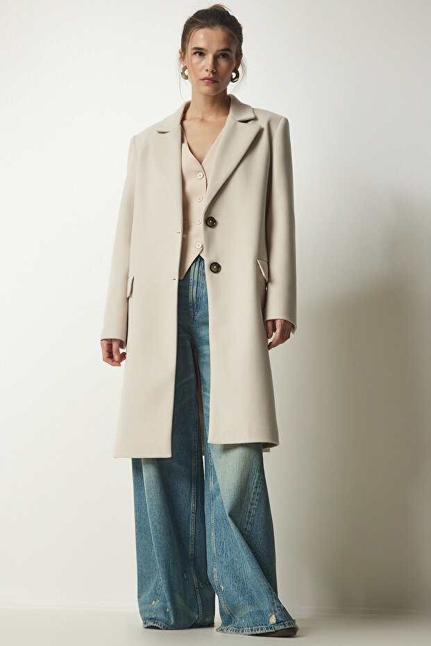 Women's Cream Double Breasted Collar Buttoned Cashmere Coat TO00114