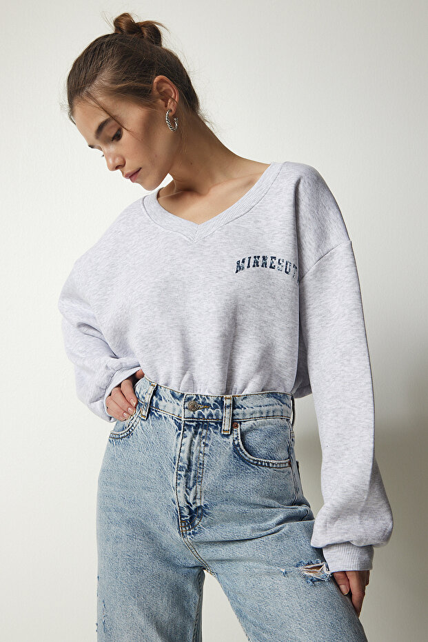 Women's Gray Melange V-Neck Oversize Crop Knitted Sweatshirt MC00239