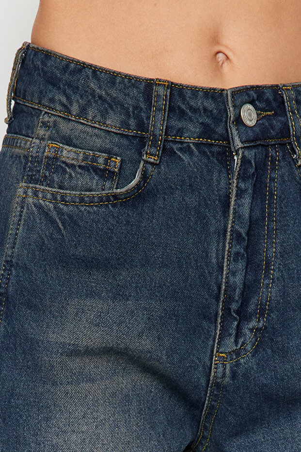 Koyu Mavi Yüksek Bel Geniş Paça Wide Leg Jeans %100 Pamuk Non-Stretch TWOAW24JE00313 - 12