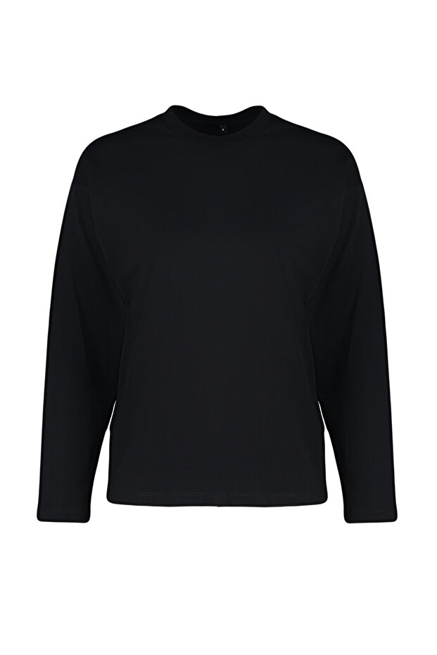 Siyah %100 Kalın Pamuklu Basic Bisiklet Yaka Oversize/Geniş Kalıp Örme T-Shirt TWOAW24TS00013 - 10
