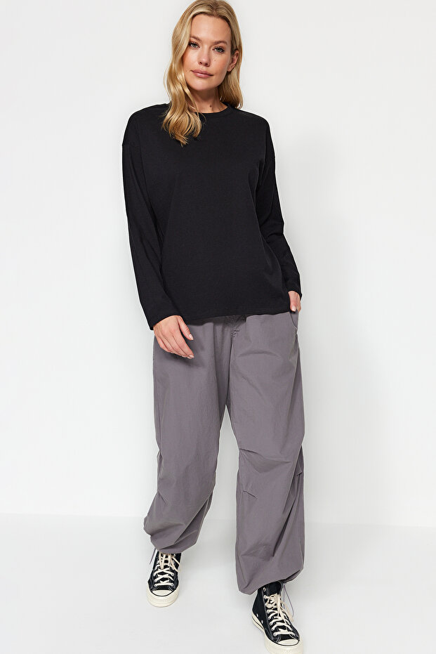 Siyah %100 Kalın Pamuklu Basic Bisiklet Yaka Oversize/Geniş Kalıp Örme T-Shirt TWOAW24TS00013 - 7