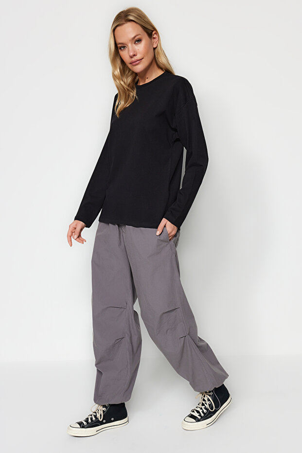 Siyah %100 Kalın Pamuklu Basic Bisiklet Yaka Oversize/Geniş Kalıp Örme T-Shirt TWOAW24TS00013 - 6