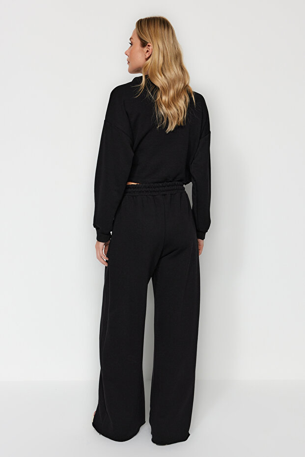 Siyah Kalın Extra Wide Leg Yüksek Bel Örme Eşofman Altı Pantolon TWOAW24EA00043 - 5
