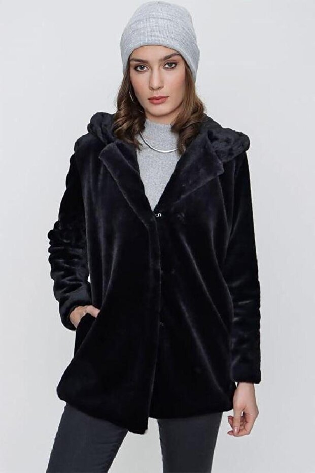 Peluş Kapşonlu Yumoş Kaban - 5