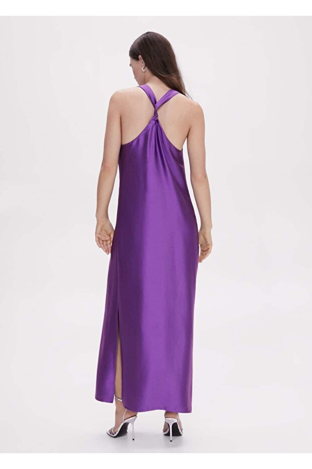 Sırtı Çapraz Saten Elbise - 4