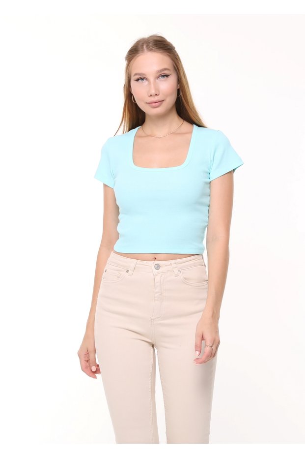 Women's Ocean Blue Square Collar Ribbed Short Sleeve Crop T-shirt