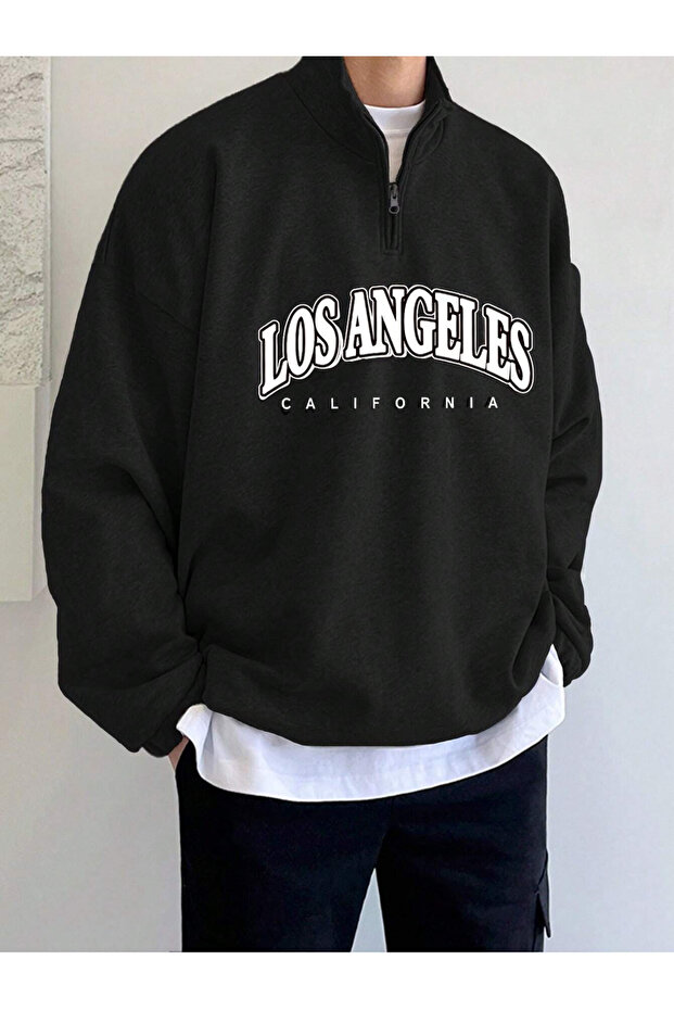 black lossangeles printed high neck half zipper sweater