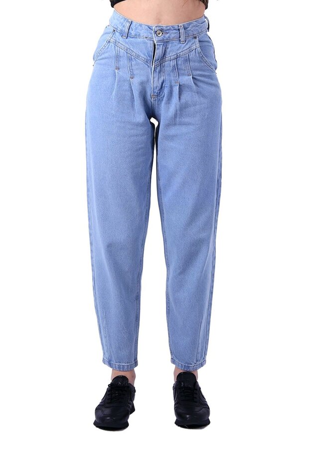 Pleated and High-waisted Pocketed Unlined Full-length Balloon Jean Women's Jeans Ice Blue Four Seasons