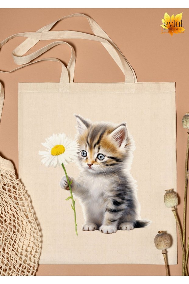 Floral Cute Cat Special Design Printed Organic A Quality Raw Cloth Bag (Cream Color)