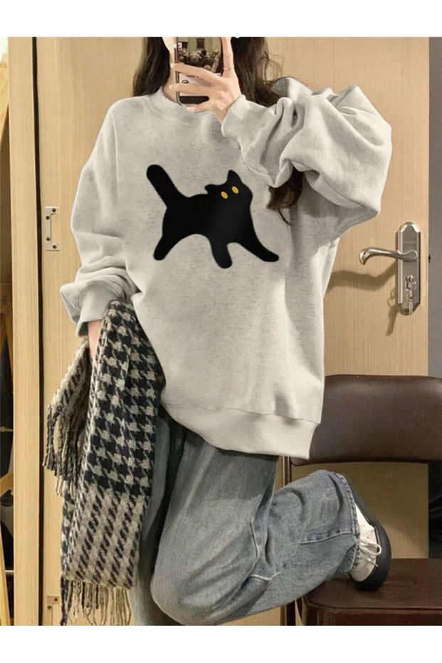 Cat Patterned Off Shoulder Oversize Sweat Gray