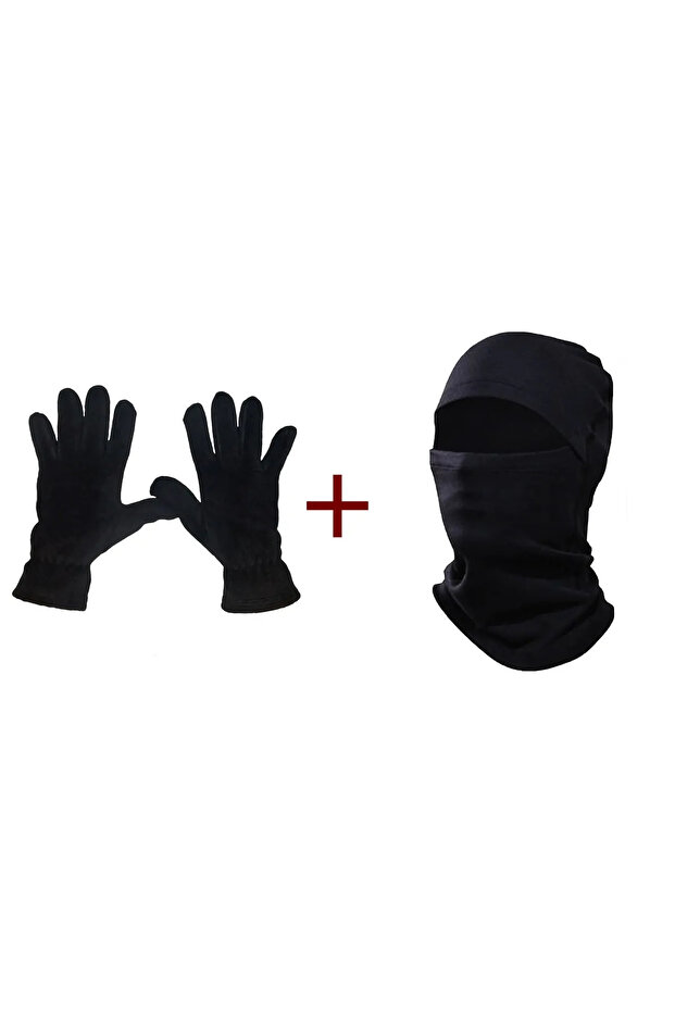 MODATIME Black Thermal Winter Fleece Gloves Snow Mask Biker Helmet Beanie Neck Collar Set of 2