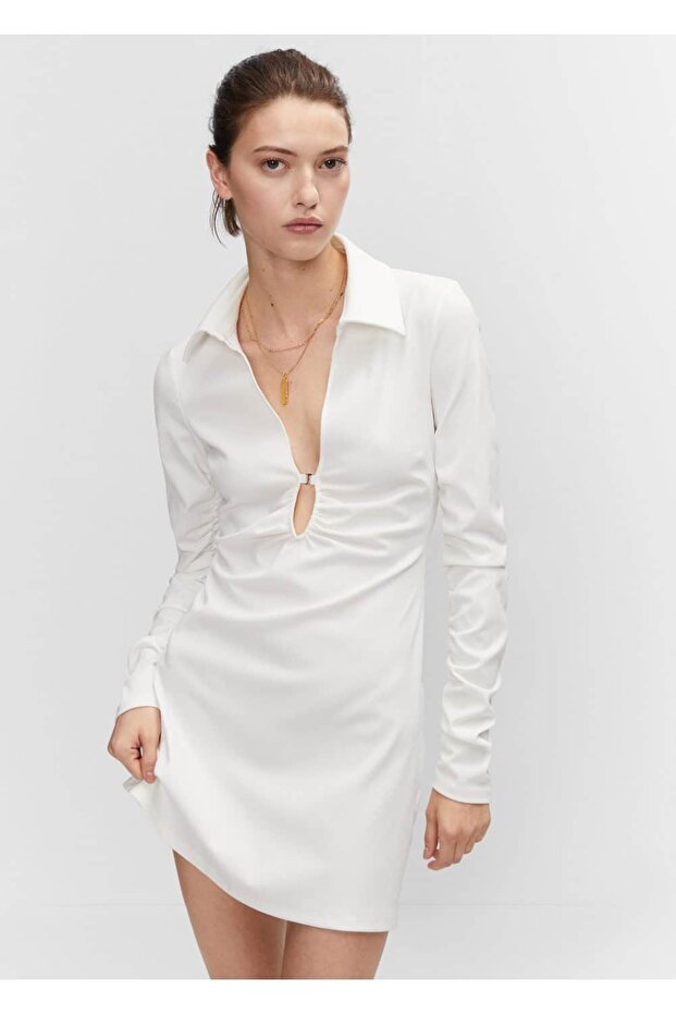 Büzgü Detaylı Dekolte Elbise - 1