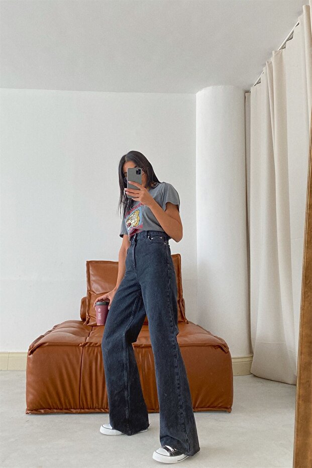 Bala Women's Smoked Lycra Wide Leg Jeans Loose Wide Leg Anthracite Jeans