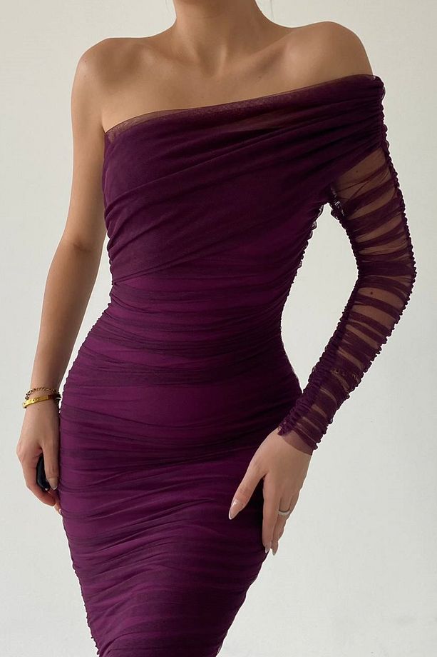 Astarlı Tül Kumaş Tek Kol Detay Slim Fit Dar Kesim Midi Boy Mor Abiye Elbise 109 - 6