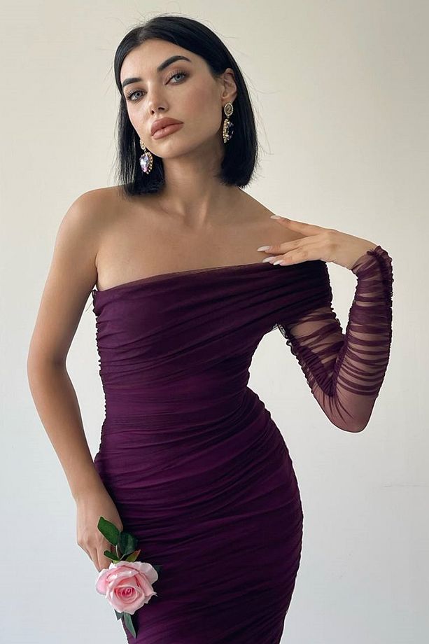 Astarlı Tül Kumaş Tek Kol Detay Slim Fit Dar Kesim Midi Boy Mor Abiye Elbise 109 - 7