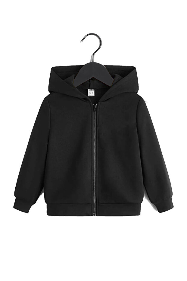 Unisex Kids Black Zipper Hooded Cardigan