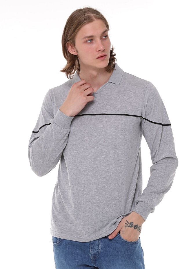 Long Sleeve T-Shirt Combed Cotton Polo Collar 100% Cotton Gray Melange Men