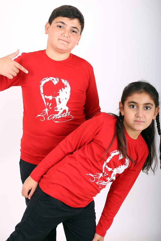 Long Sleeve Cotton Unisex Children's T-Shirt with Ataturk Print and Turkish Flag
